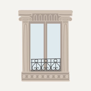Geleneksel Paris pencereli düz vektör çizimi. Fransa 'dan kartpostal. Mimari elementler clipart.