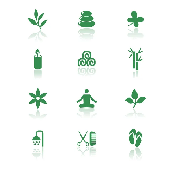 Icon-Wellness-Set vorhanden. Vektorillustrationen mit Bambus, Kerze, Handtuch, Hausschuhen, Yoga, Blume, Zweigsymbolen. — Stockvektor