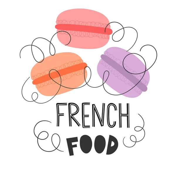 Μακαρά. Επίπεδη διανυσματική απεικόνιση με παραδοσιακή Γαλλία τροφίμων. Ταχυδρομική κάρτα με γαλλική κουζίνα. Παρίσι ορόσημο. Σύνολο κλιβάνων. — Διανυσματικό Αρχείο