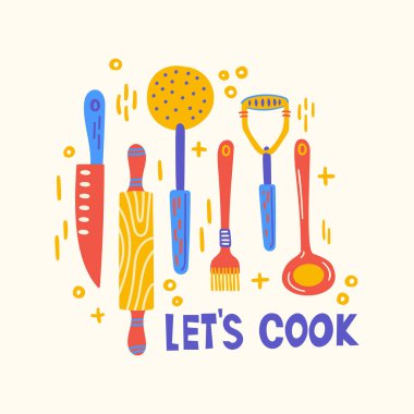 Mutfak gereçleri ve aletlerle dolu. Mutfak elementlerinin düz bir şekilde İskandinav çizimi. Elle çizilmiş yemek hazırlama ve mutfak gereçleri ile komik çizgi film dokusu. Vektör karalama Clipart.