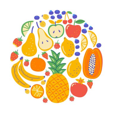 Sağlıklı yemek seti. Rruits 'in İskandinav çizimi. Komik yuvarlak çizgi film kompozisyonu. Yemek hazırlama ve mutfak malzemeleri. Vektör karalama klipsi. Hadi pişirelim..