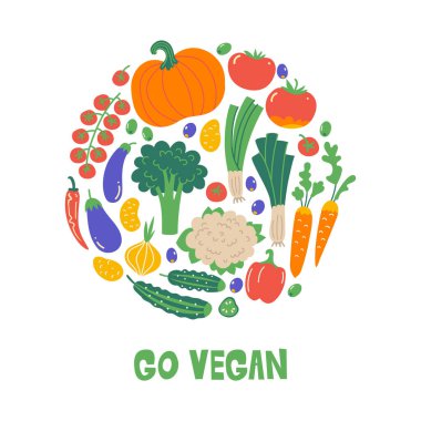 Healthy food flat set. Scandinavian illustration of vegetables. Funny cartoon round composition. Food preparation and kitchenware. Vector doodle clipart. Lets cook. Go vegan