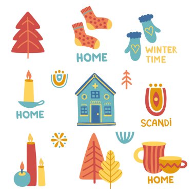 İçinde ev, ağaç, mum, çorap, eldiven ve bardak olan İskandinav seti. Halk sanatı. Logolu vektör kuzey çizimleri.