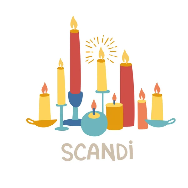 Composition with candles and candlesticks in scandinavian style. Folk art. Banner, greeting card. Vector nordic illustrations. —  Vetores de Stock