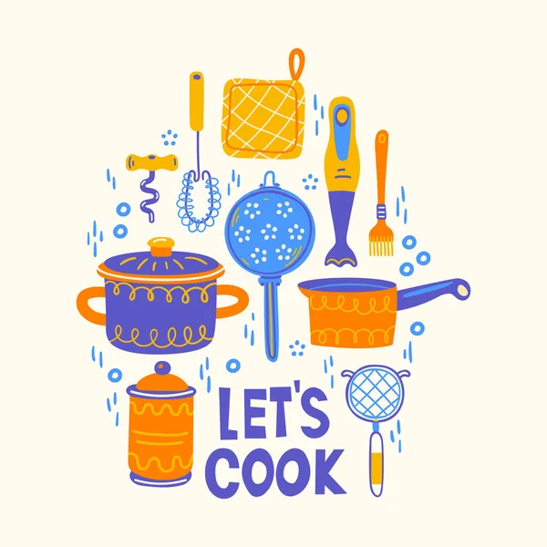 Set con utensilio de cocina y electrodomésticos. Ilustración escandinava de elementos de cocina de estilo plano. Textura divertida de dibujos animados con preparación de alimentos dibujados a mano y utensilios de cocina. Vector doodle clipart. — Vector de stock