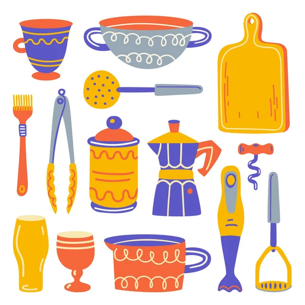 Set avec ustensile de cuisine et appareil. Illustration scandinave d'éléments de cuisine en style plat. Texture drôle de dessin animé avec préparation des aliments dessinés à la main et ustensiles de cuisine. Clipart vectoriel doodle. — Image vectorielle