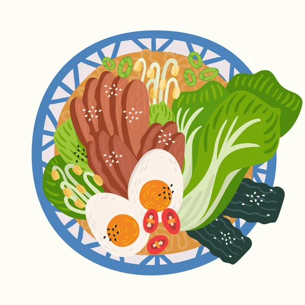 Ramen in bowl on table. Top view. Illustration with japanese soup in flat style. Asian food: miso, egg, nori, noodles, pork, soybean sprouts, chili, duck, Bok choy. Vector round composition. — стоковый вектор