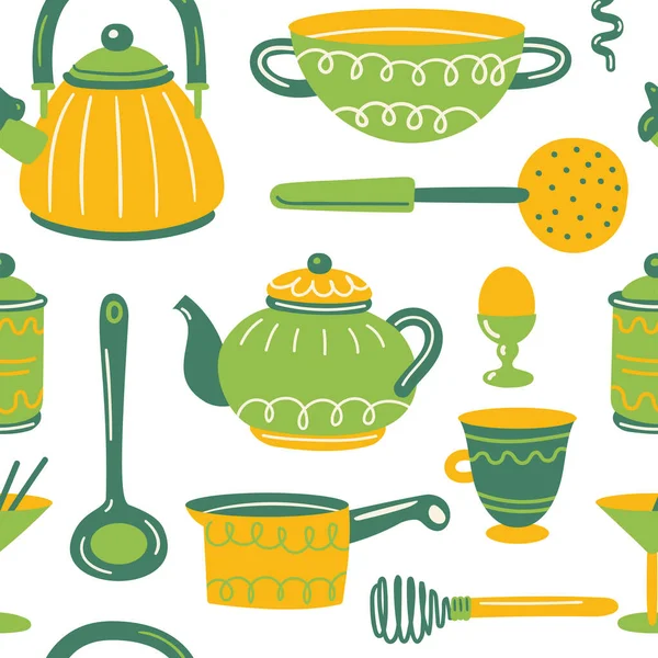 Sömlöst mönster med köksredskap och vitvaror. Skandinavisk illustration av kök i platt stil. Tecknad textur med handritad mat beredning, köksutrustning. Vektorklotter clipart. — Stock vektor