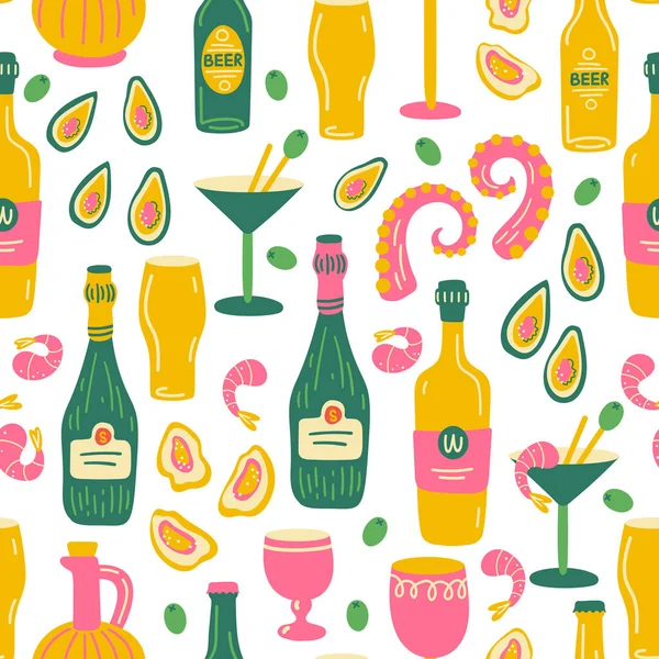 Ürünler ve içeceklerle kusursuz bir düzen. Düz bir İskandinav yemek çizimi. Elle çizilmiş yemek vektörü karalama klipsi: ahtapot, zeytin, istiridye, şarap, bira, karides. — Stok Vektör