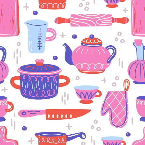 Modèle sans couture avec ustensile de cuisine et appareil. Illustration scandinave d'éléments de cuisine en style plat. Texture dessin animé avec préparation de plats dessinés à la main, ustensiles de cuisine. Clipart vectoriel doodle. — Image vectorielle