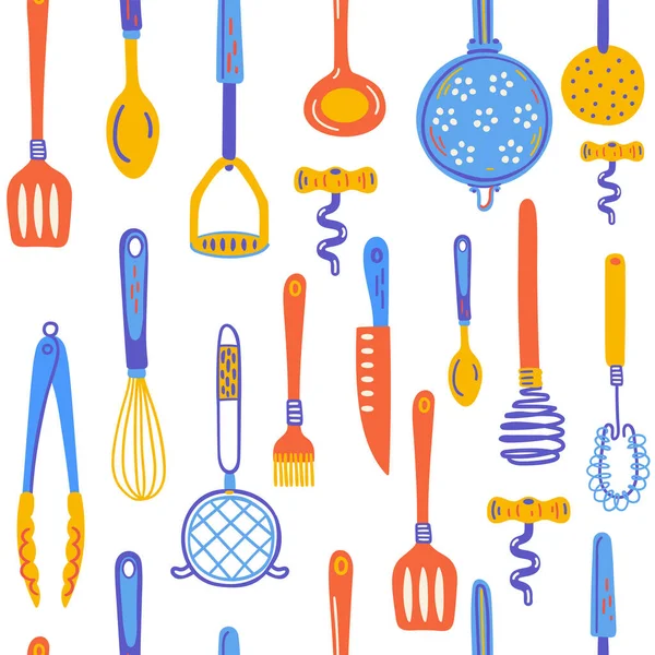 Απρόσκοπτη μοτίβο με σκεύος κουζίνας και συσκευή. Σκανδιναβική απεικόνιση των στοιχείων της κουζίνας σε επίπεδη στυλ. Αστείο κλιπ κινουμένων σχεδίων με χειροποίητα μαγειρικά σκεύη. Κλίμακα διανυσματικών σκίτσων. — Διανυσματικό Αρχείο