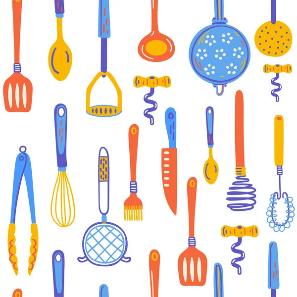 Patrón sin costura con utensilio de cocina y electrodomésticos. Ilustración escandinava de elementos de cocina de estilo plano. Divertido clipart de dibujos animados con utensilios de cocina dibujados a mano. Vector doodle clipart . — Vector de stock