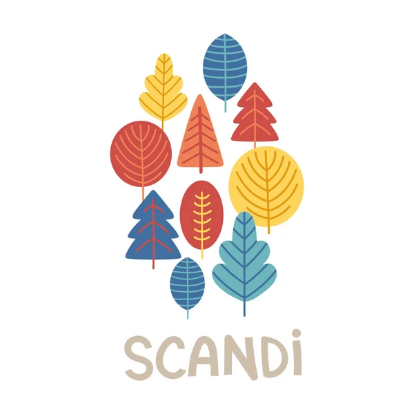 Composition with trees in scandinavian style. Folk art. Banner, greeting card. Vector nordic illustrations. Scandi logo Лицензионные Стоковые Векторы