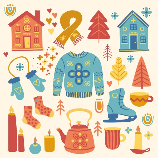 Set with house, candle, pullover, socks, branch, skates, gloves, scarf, tree, socks, hat, cup, teapot, florals and leaves in scandinavian style. Folk art. Vector nordic illustrations. Лицензионные Стоковые Векторы