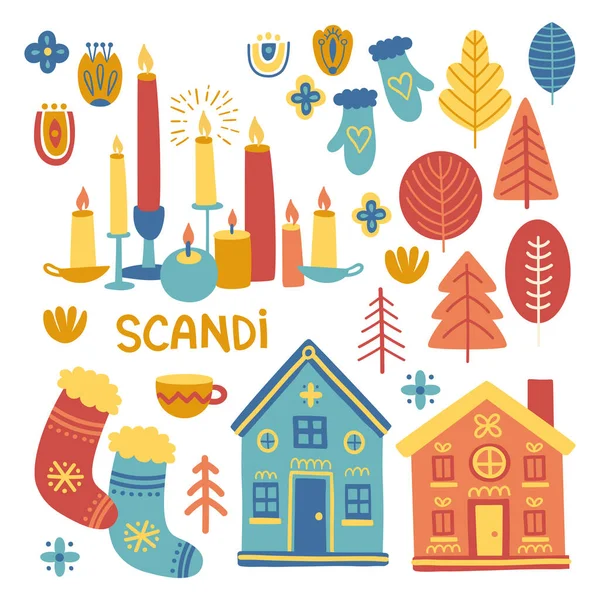Set with house, candle, socks, branch, skates, gloves, scarf, tree, socks, cup, florals and leaves in scandinavian style. Folk art. Vector nordic illustrations. Стоковая Иллюстрация