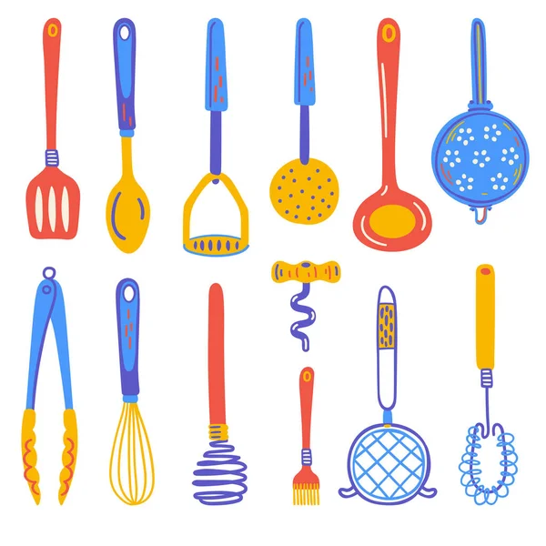 Set with kitchen utensil and appliance. Scandinavian illustration of kitchen elements in flat style. Funny cartoon clipart with hand drawn kitchenware. Vector doodle clipart. Векторная Графика