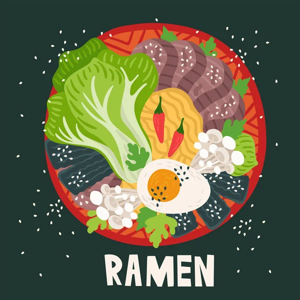 Ramen in bowl on table. Top view. Illustration with japanese soup in flat style. Asian food: miso, egg, nori, noodles, pork, soybean sprouts, chili, beef, Enoki, Bok choy. Vector round composition. Стоковая Иллюстрация
