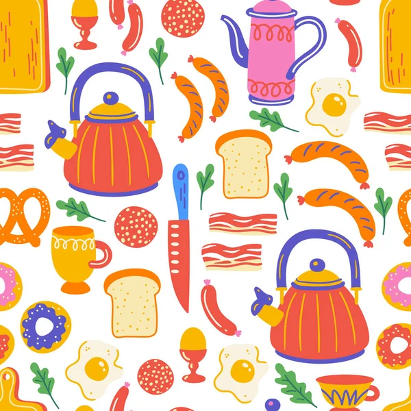早餐无缝图案与厨房用具和器具。斯堪的纳维亚风格的厨房元素图解。矢量漫画手绘纹理.食品准备和厨房用具. 免版税图库插图