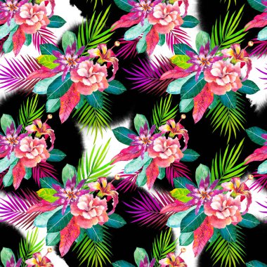 Egzotik el desensiz çizilmiş. Siyah ve beyaz arkaplanda tropikal çiçekler var. Hibiscus, palmiye yapraklı güller suluboya desenli. Botanik ambalaj kağıdı tasarımı