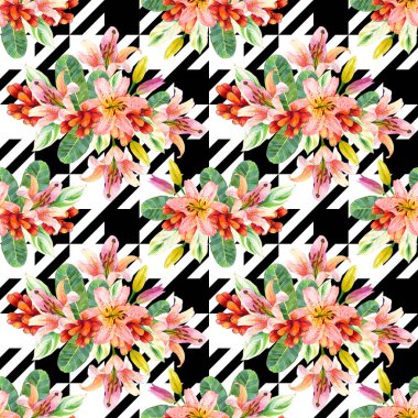 Egzotik çiçekler dikişsiz suluboya desenler oluşturur. Geometrik çizgili arka planda tomurcukları olan kaplan zambakları. El yapımı incir yaprakları desenli tropik bir buket. Çiçek ambalaj kağıdı, duvar kağıdı tasarımı