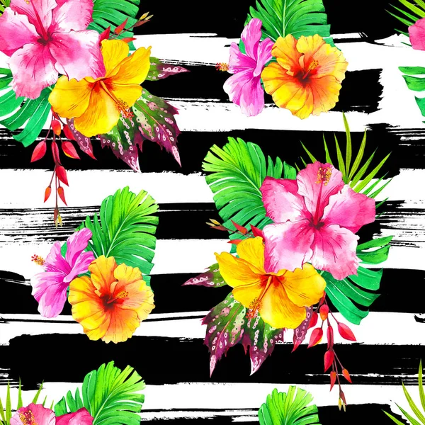 Blooming Hibiscus Watercolor Seamless Pattern Exotic Pink Yellow Blossom Sketch — Stock Photo, Image