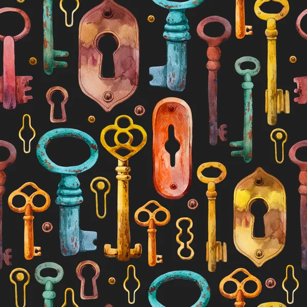 Watercolor Set Hand Drawn Antique Copper Gold Iron Keys Keyhole — Stock Photo, Image