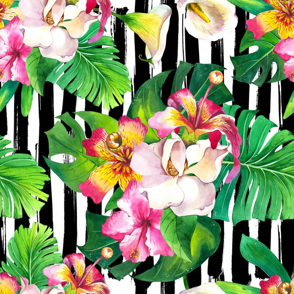 Exotic flowers watercolor seamless pattern. Tropical bouquet on stripes black and white ink background. Hibiscus, rose, gardenia with monstera leaves texture. Botanic wrapping paper, wallpaper design