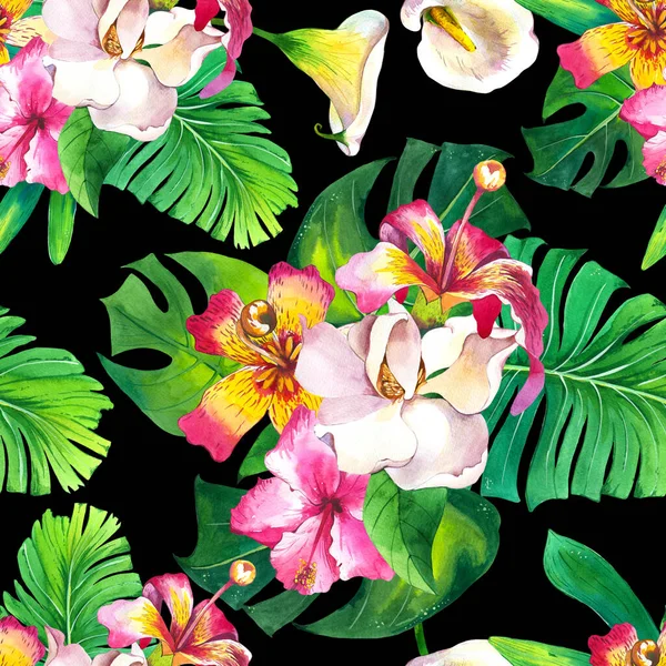 Egzotyczne Kwiaty Akwarela Bezszwowy Wzór Tropikalny Bukiet Czarno Białym Tle — Zdjęcie stockowe