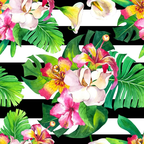 Exotic flowers watercolor seamless pattern. Tropical bouquet on black and white geometric stripy background. Hibiscus, rose, gardenia with monstera leaves texture. Botanic wrapping paper design