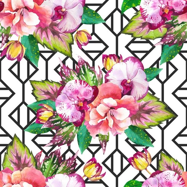 花束水彩シームレスパターンを整理します 黒と白の幾何学的背景に熱帯の花 エキゾチックなハイビスカス ピンクのバラ 緑の葉の質感の牡丹 植物包装紙のデザイン — ストック写真