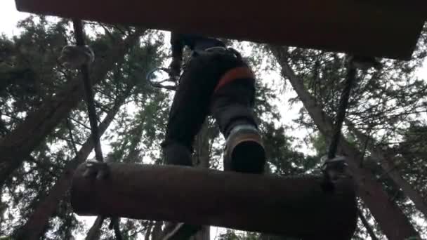 森の森の中のアドベンチャーパークで7歳の少年 木を登り ヘルメットとハーネスでロープの厳しいバランステストを通過 アルバビージャの自然冒険イタリア — ストック動画
