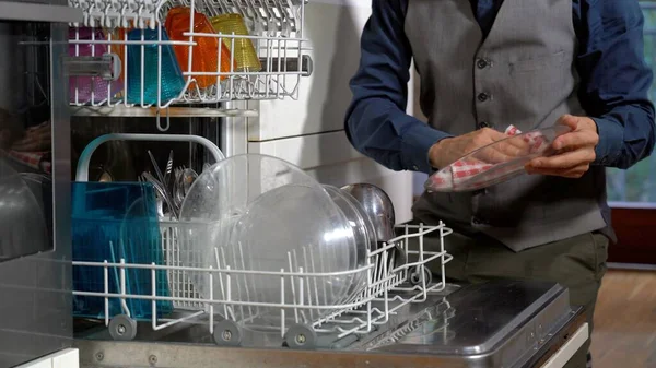 View Man Washing Dishes Kitchen — Stock Photo, Image