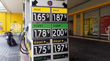 Avrupa, İtalya, Milan Ekim 2021 - Yeşil ve dizel benzinin maliyetinde artış - Enflasyon ve ham madde, petrol ve akaryakıt maliyetinde artış - litre başına 2 avro, maksimum petrol 