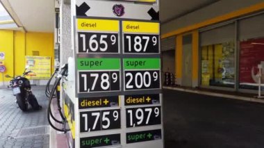 Avrupa, İtalya, Milan Ekim 2021 - Yeşil ve dizel benzinin maliyetinde artış - Enflasyon ve ham madde, petrol ve akaryakıt maliyetlerinde artış - litre başına 2 avro, maksimum petrol