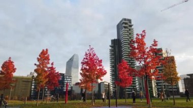 Avrupa, İtalya, Milano Kasım 2021 - Porta Nuova 'da sonbahar - Parco Biblioteca degli alberi' deki ağaçlarda kırmızı yapraklar