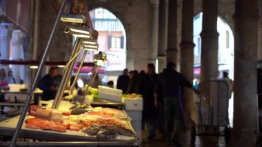 Europe, Italy, Venice November 2021 - The fish market near Rialto bridge in Canal Grande, Venezia lagoon