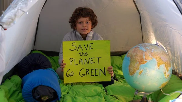 Italy Milan Activist Boy Child Years Old Sign Planet Green — Stock Photo, Image