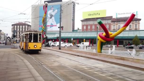 Europa Itália Milão Dezembro 2021 Old Vintage Yellow Tram Car — Vídeo de Stock