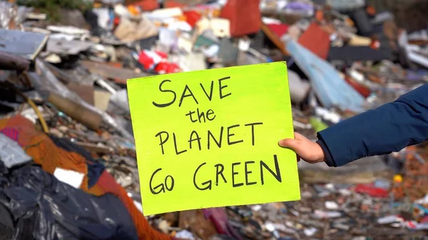 Year Old Child Environmentalist Ecologist Holding Sign Words Planet Green — стоковое фото