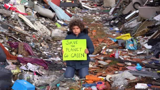 Year Old Child Environmentalist Ecologist Holding Sign Words Planet Green — Video Stock