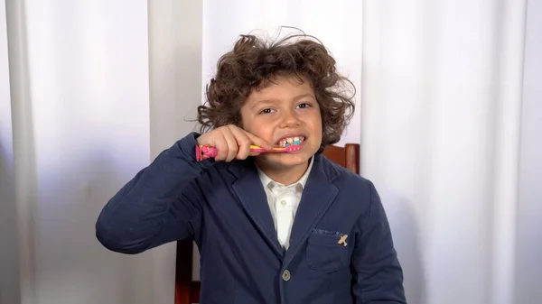 Siebenjähriger Junge Beim Zähneputzen Mit Einer Zahnbürste Freizeitkleidung Gesundheitsfürsorge Und — Stockfoto
