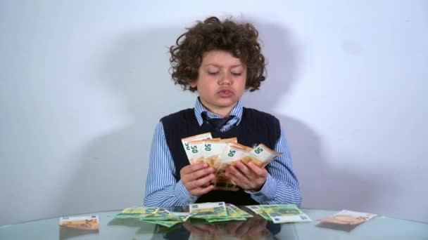 Boy Child Years Old Count Money Euro Cash Banknotes Savings — 图库视频影像