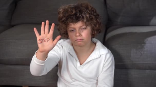 7歳の少年で 手のひらに手を挙げて銘を書きました 一方で書き込みを停止し 他方でヘルプ 地球を救え 気候変動は地球の未来です気候変動は地球の未来を意味します — ストック動画