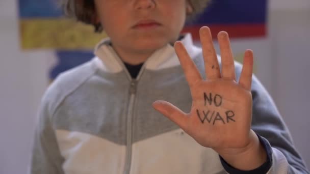 7歳の少年は Natoに近い地域でヨーロッパでの紛争の開始 手に停止戦争に署名してロシアとウクライナの間の戦争に対する抗議 — ストック動画