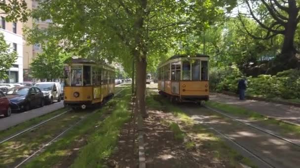 Europe Italy Milan April 2022 Old Yellow Vintage Streetcar Tram — ストック動画