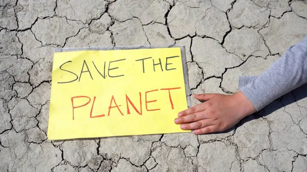 Sign Planet Green Arid Land Deserted Due Lack Water Drought — Fotografia de Stock