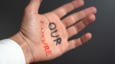 Man with writing on hands, in our hands is Future lettering, Self-esteem, and confidence in the future in a time of economic crisis war, and climate change, Set goals and achieve them with your skills.  