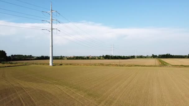 View Drone New Light Pylon Passage High Voltage Electricity Increase — стоковое видео