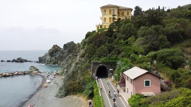 Italy Liguria Drone Aerial View Levanto Bonassola Framura Cycle Pedestrian — Stock Video
