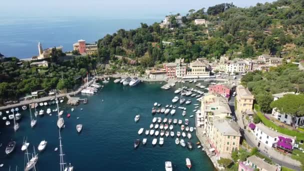Avrupa Talya Portofino Liguria Portofino Limanının Tipik Renkli Evlerinin Insansız — Stok video